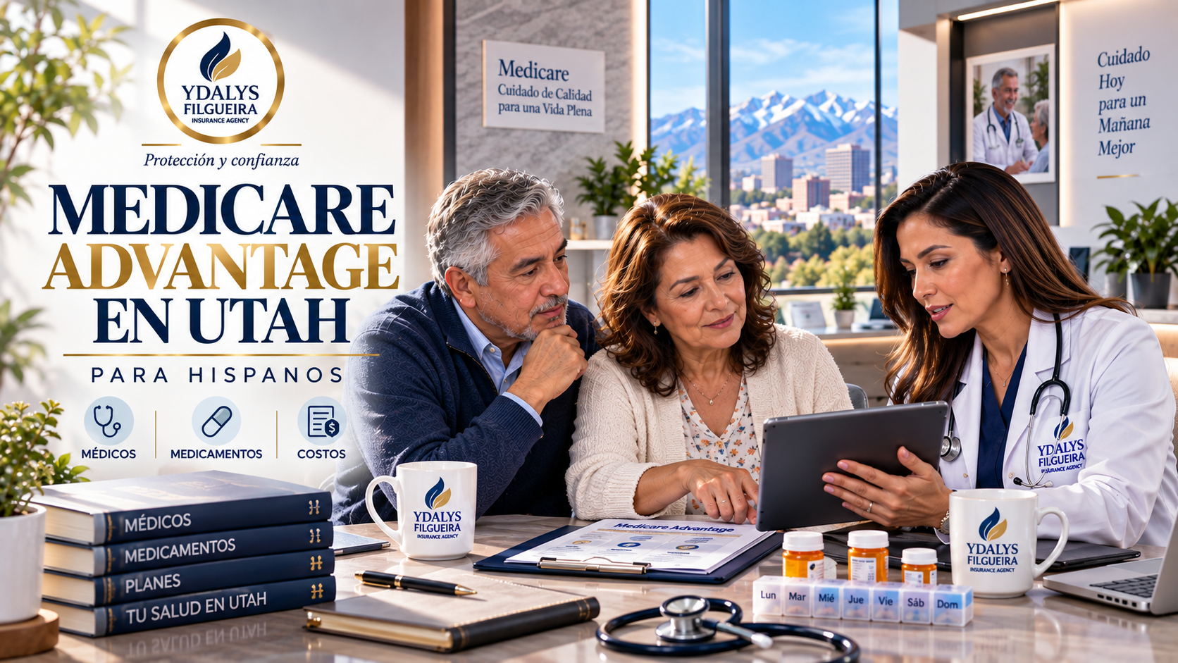 Pareja hispana de adultos mayores comparando opciones de Medicare Advantage en Utah con una asesora de seguros
