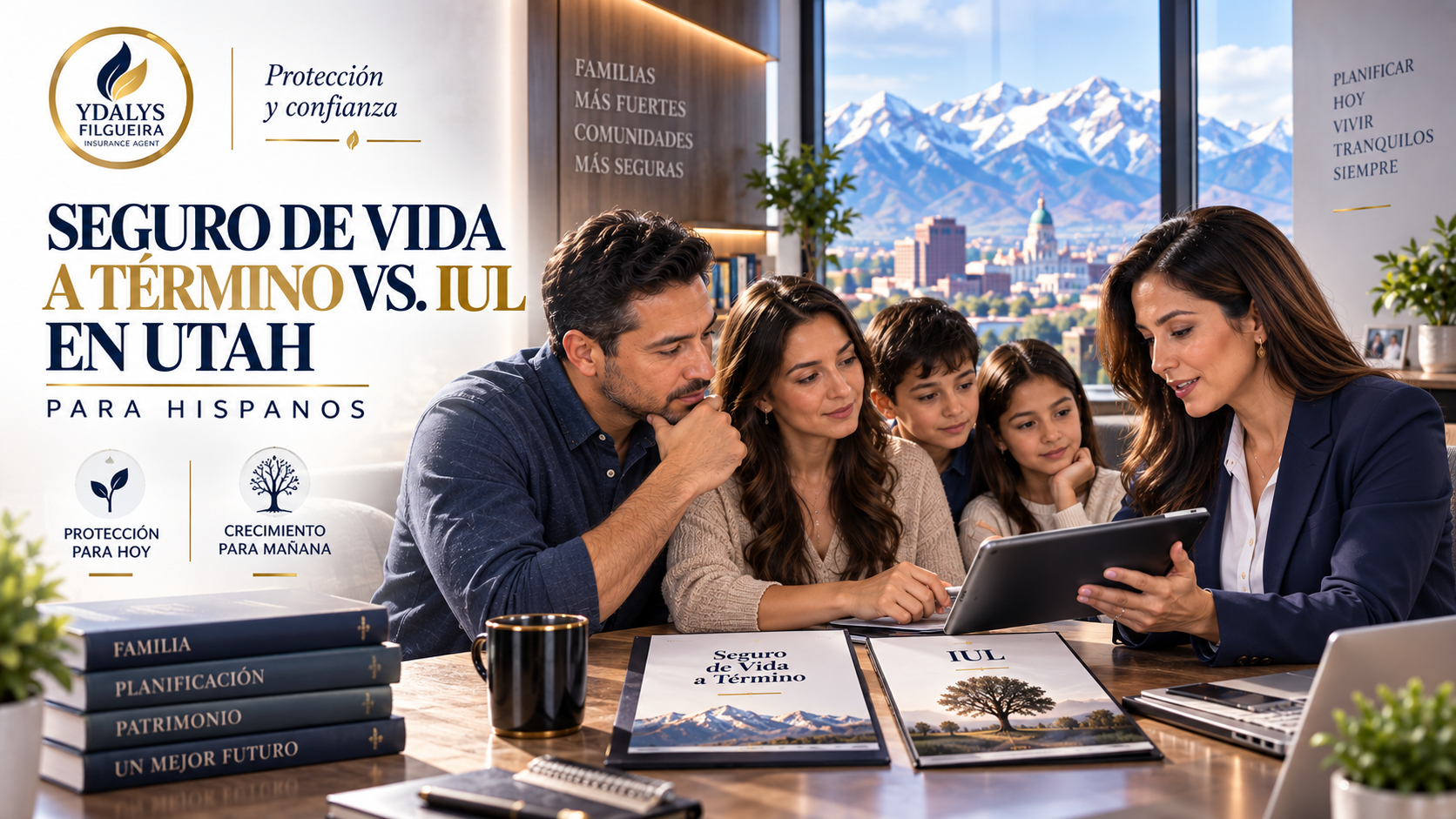 Familia hispana en Utah comparando seguro de vida a término e IUL con una asesora