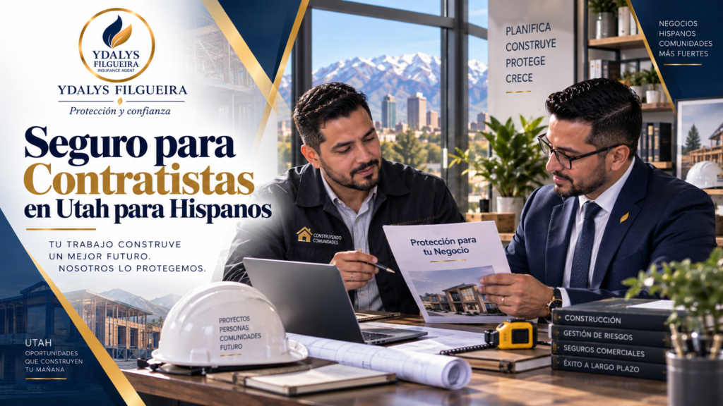 Seguro para Contratistas en Utah para Hispanos: contratista profesional revisando cobertura comercial con asesor de seguros