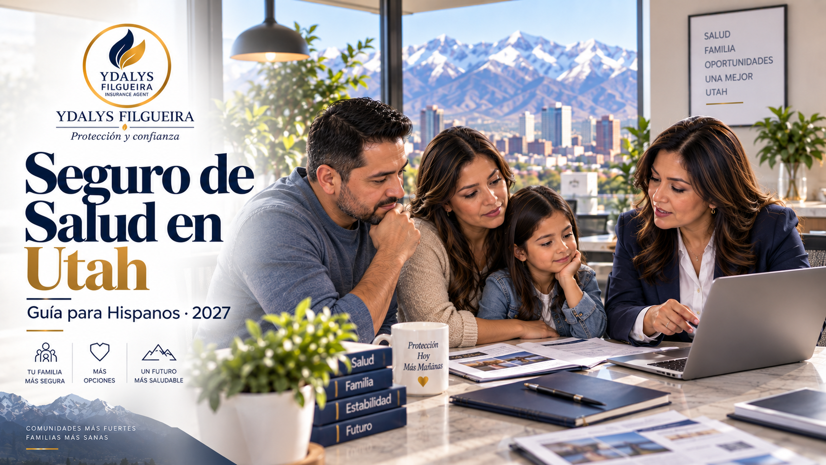 Familia hispana en Utah comparando opciones de seguro de salud para 2027