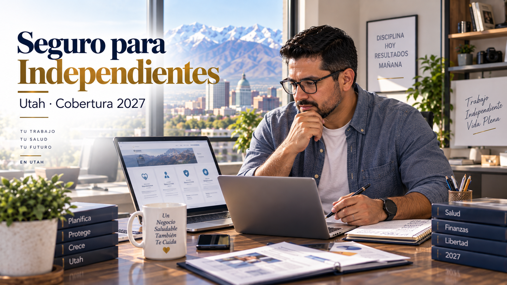 Trabajador independiente hispano en Utah revisando opciones de seguro de salud para 2027