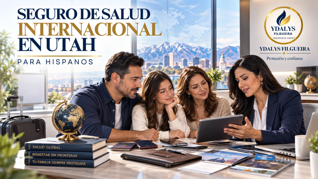 Familia hispana de Utah revisando opciones de seguro de salud internacional con una asesora