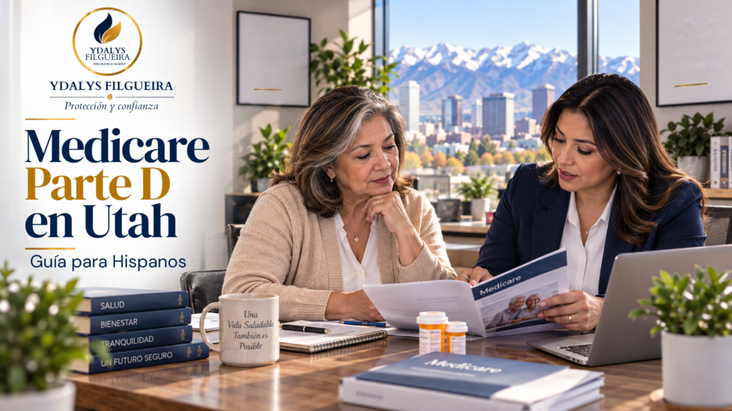 Mujer hispana en Utah revisando cobertura de Medicare Parte D con una asesora de seguros
