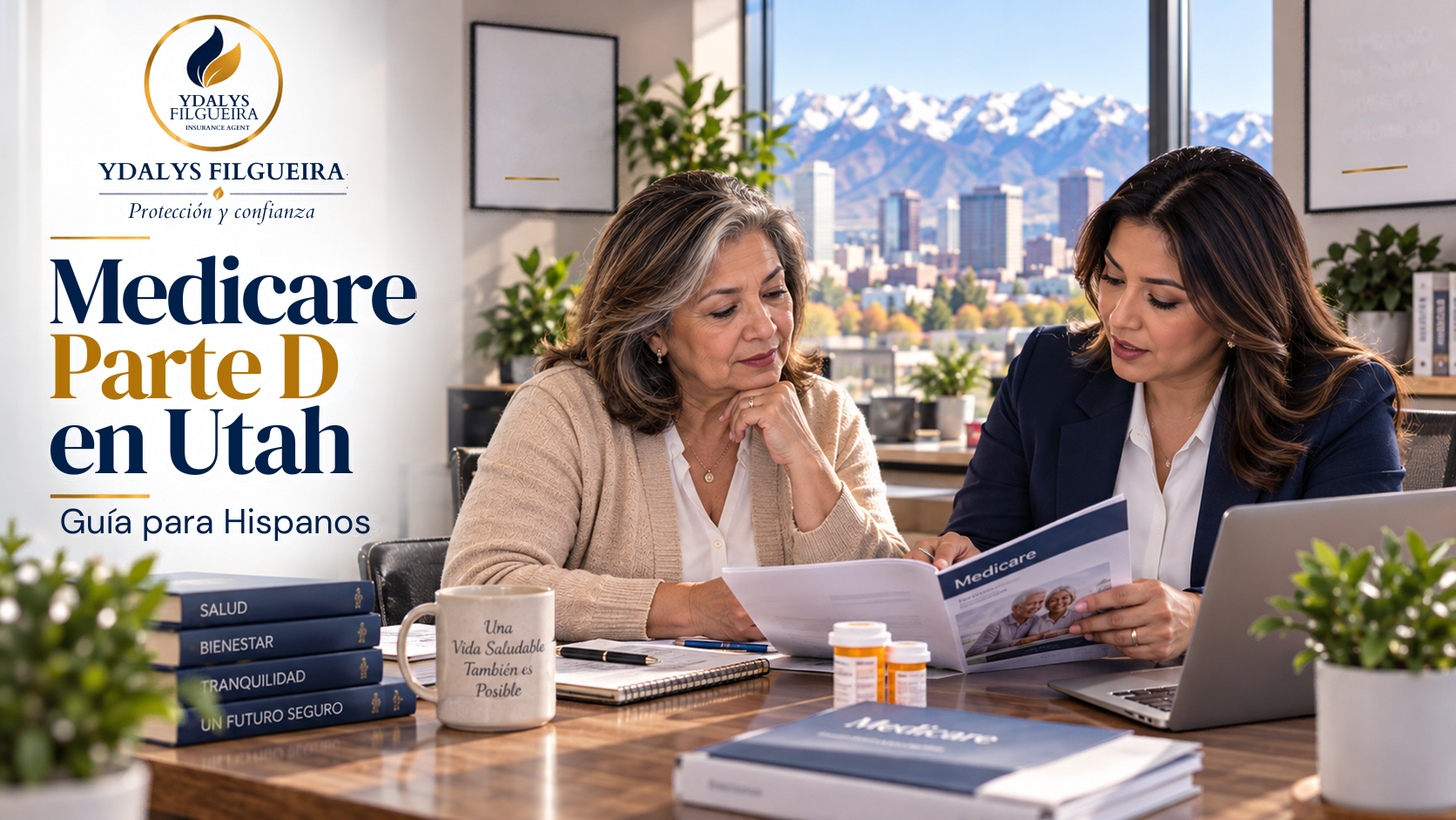 Mujer hispana en Utah revisando cobertura de Medicare Parte D con una asesora de seguros